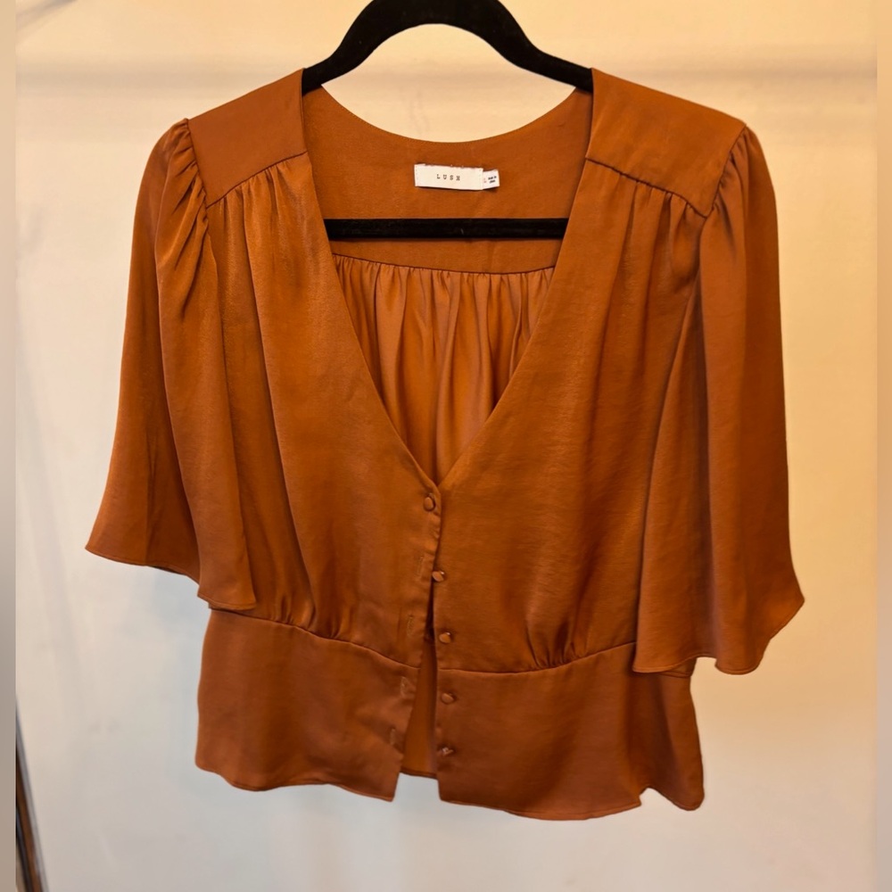 Lush Rust Brown Satin Button-Front Flutter Sleeve Blouse